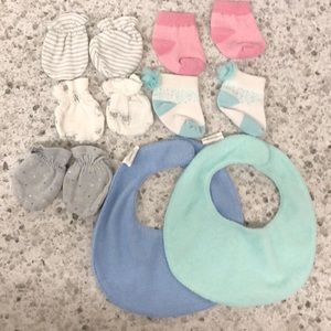 Baby bibs, socks and hand covers